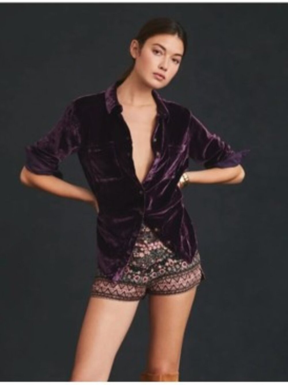 Pilcro Relaxed Velvet Buttondown in Purple from Anthropologie - Size Small - Picture 2 of 6